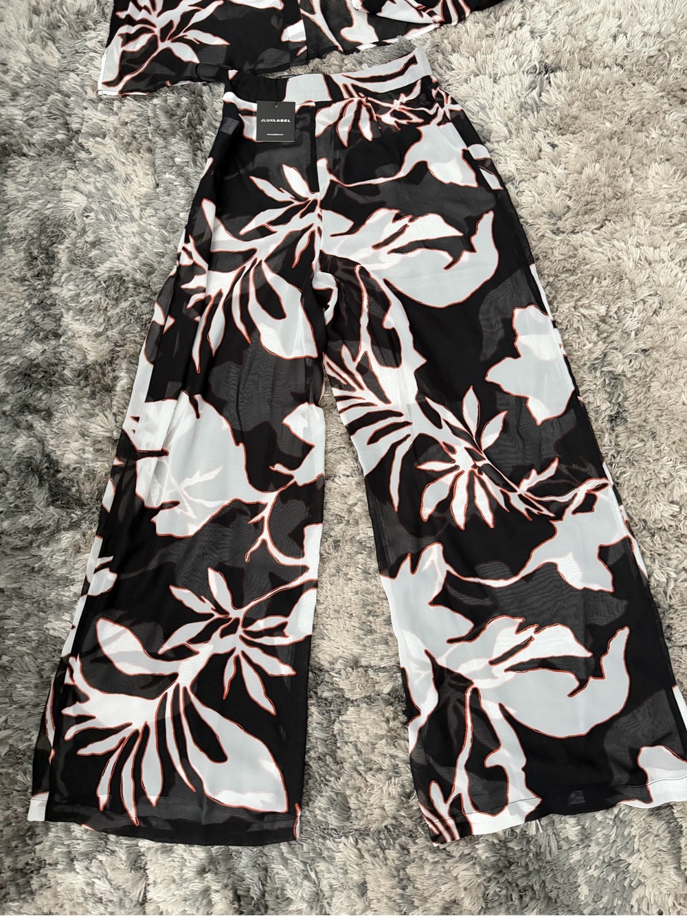 JLUXLABEL Black & White Wide-Leg Floral Pants with Pink Accent